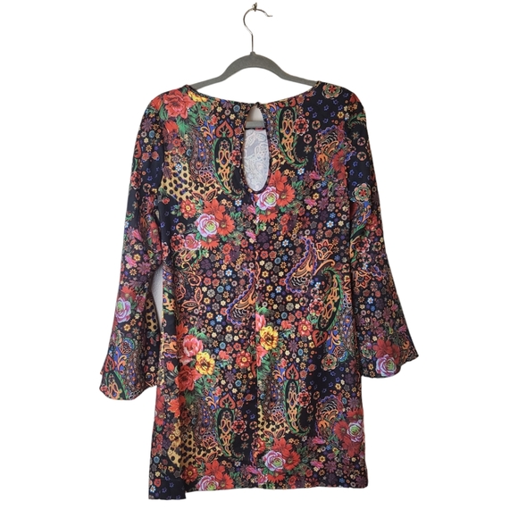 New York & Company Vintage Inspired Mixed Print Bell Sleeve Mini Dress - Picture 2 of 7